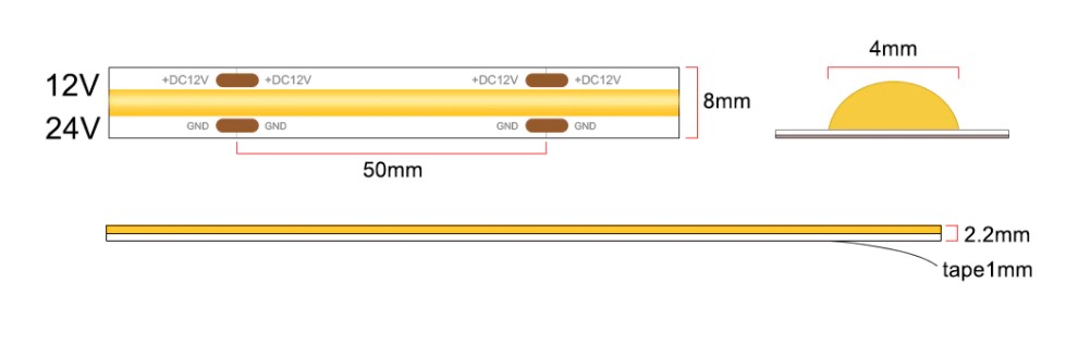 COB LED pásek 5mm 24V 10W Jantarová Žlutá